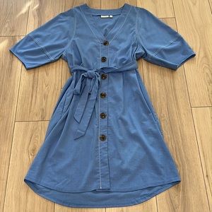 Eva Mendes for New York & Company Blue Button Front Tie Belt Midi Dress